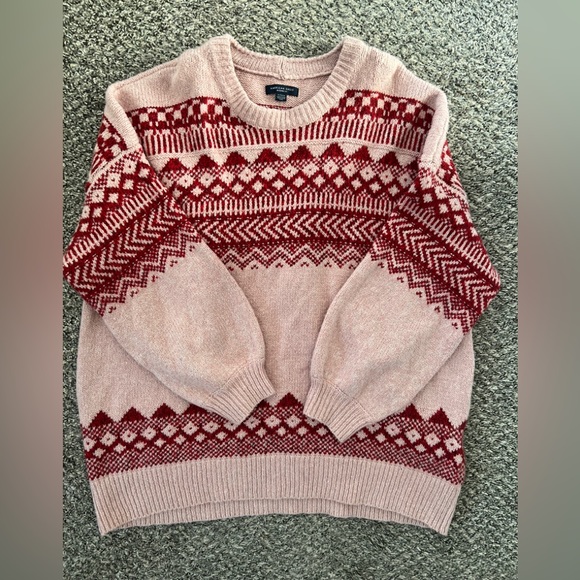 American Eagle Outfitters Sweaters - American Eagle Outfitters Pink Crewneck Sweater with Red Fair Isle Pattern XL